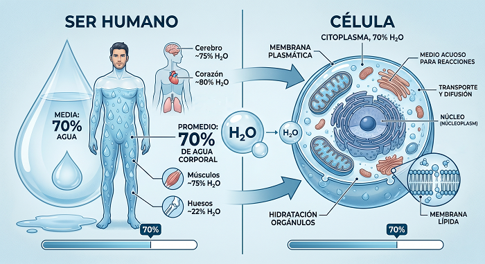 El ser humano es un 70% agua y nuestras células también son 70% agua