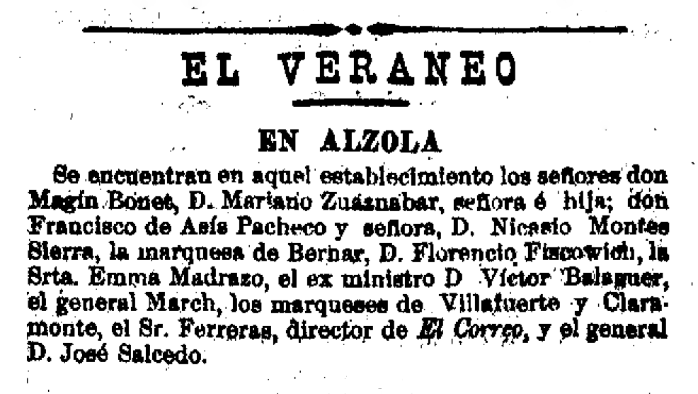 Emma de Madrazo y Víctor Balaguer entre los ilustres huéspedes del Balneario de Alzola