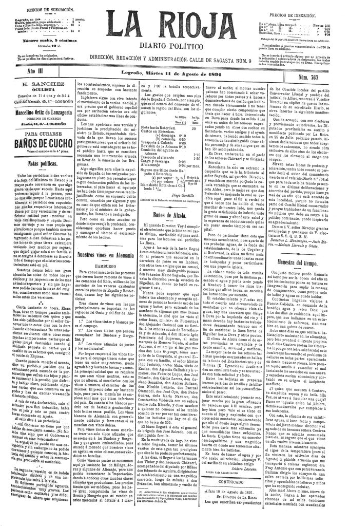 Portada del periódico La Rioja, diario político. 11 de agosto de 1891