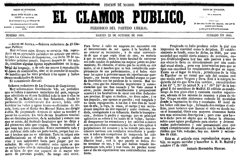 Experiencia de un bañista en el balneario de Urberuaga de Alzola en 1850