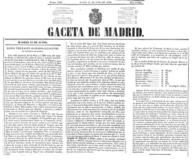 Descripción de los Baños Termales Gaseoso-Alcalinos de Urberoaga de Alzola en la Gaceta de Madrid publicada el 11 de junio de 1846)