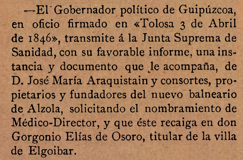 El primer Médico-Director de Alzola fue don Gorgonio Elías de Ossoro