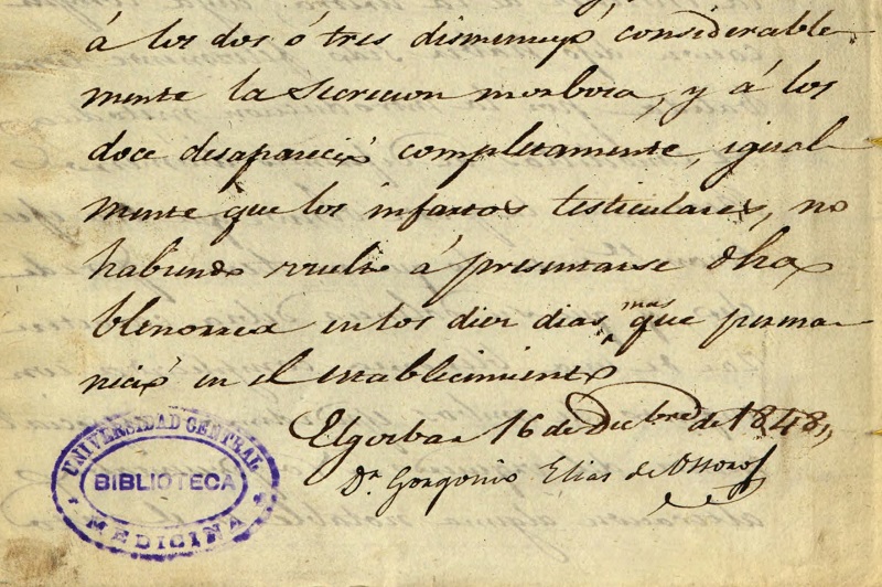 Firma de Gorgonio Elías de Ossoro, primer médico director interino del balneario de Urberuaga de Alzola