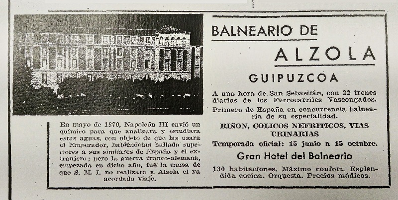 Anuncio de la visita de Napoleón III al Balneario de Alzola en 1870